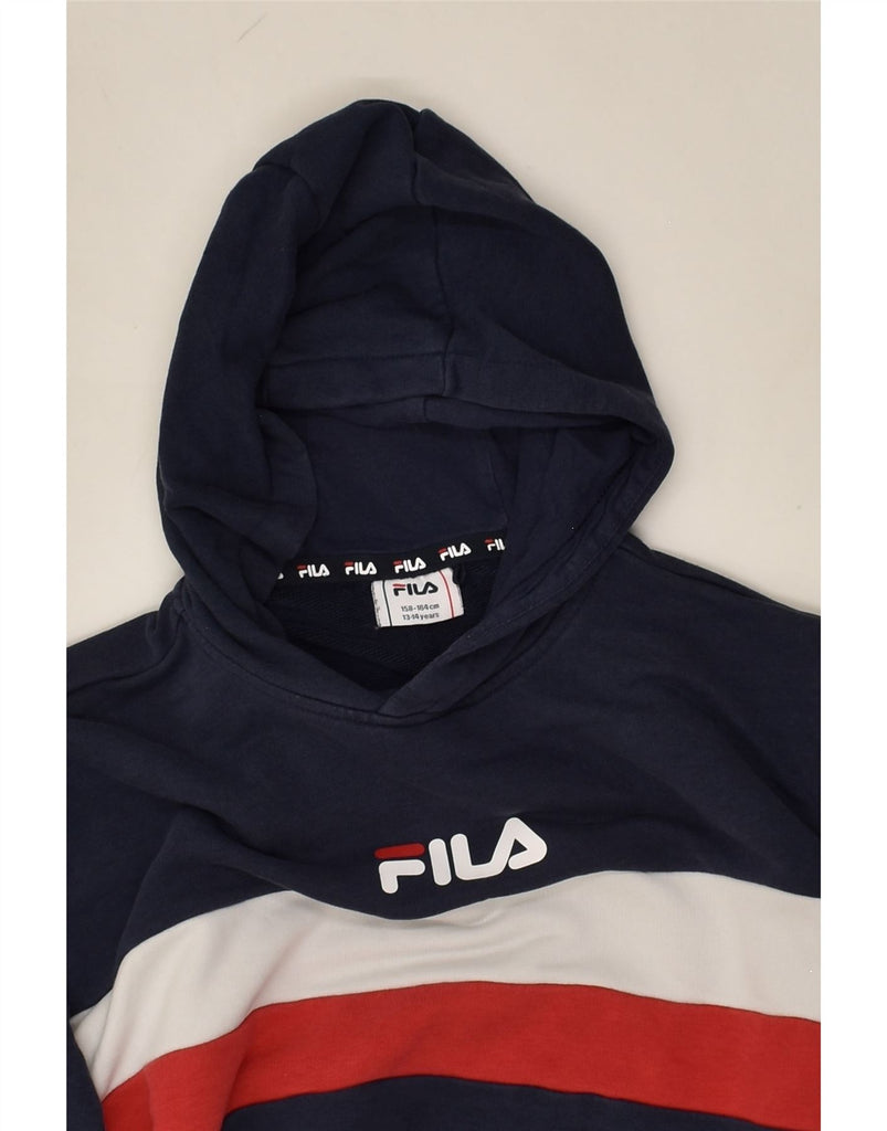 FILA Boys Graphic Hoodie Jumper 13-14 Years Navy Blue Colourblock Cotton | Vintage Fila | Thrift | Second-Hand Fila | Used Clothing | Messina Hembry 