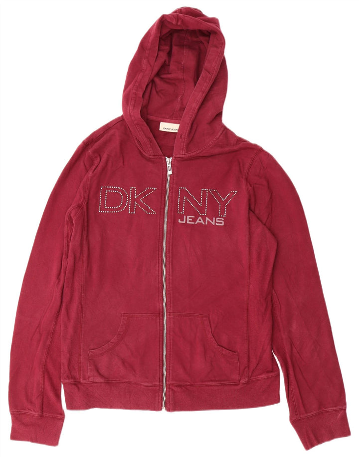 DKNY Womens Graphic Zip Hoodie Sweater UK 14 Large Burgundy Cotton