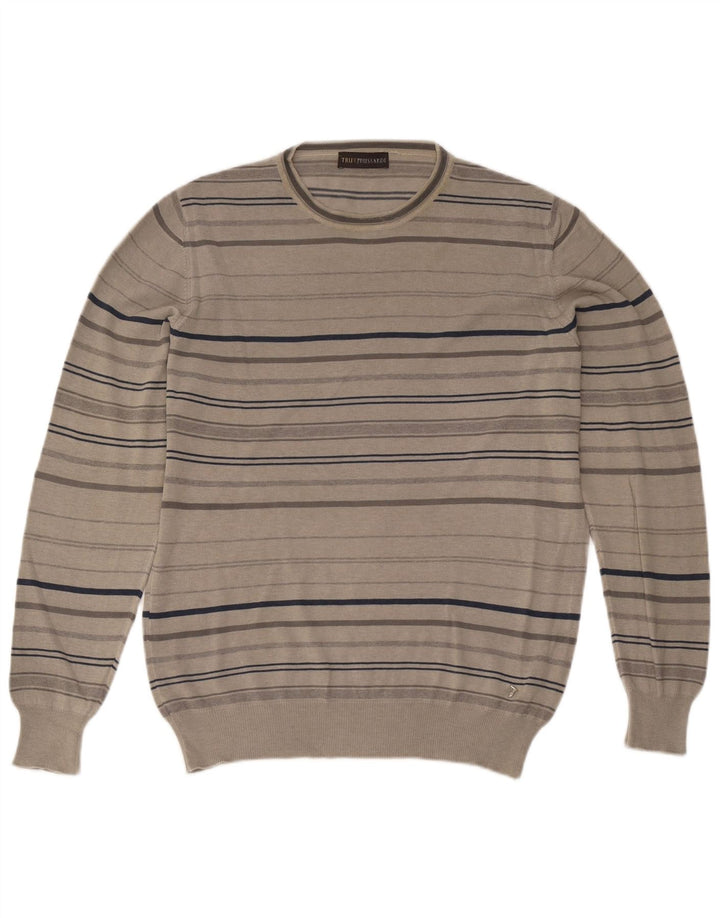 Trussardi Mens Crew Neck Jumper Sweater Large Grey Striped Cotton