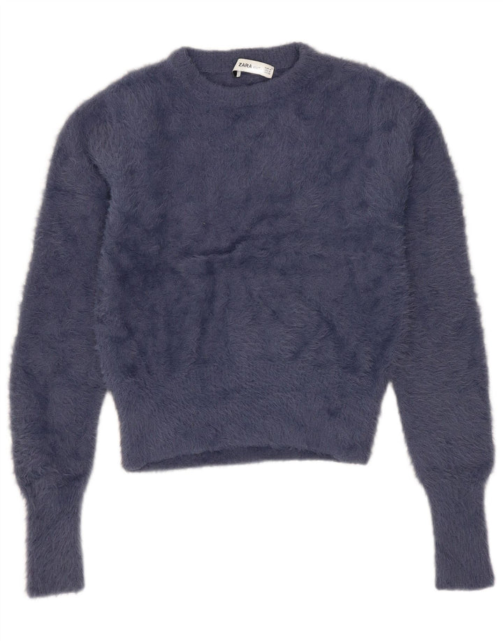 Zara Womens Crop Crew Neck Jumper Sweater UK 12 Medium Navy Blue Nylon