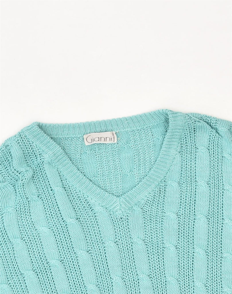 VINTAGE Womens V-Neck Jumper Sweater UK 14 Large Turquoise Cotton | Vintage Vintage | Thrift | Second-Hand Vintage | Used Clothing | Messina Hembry 