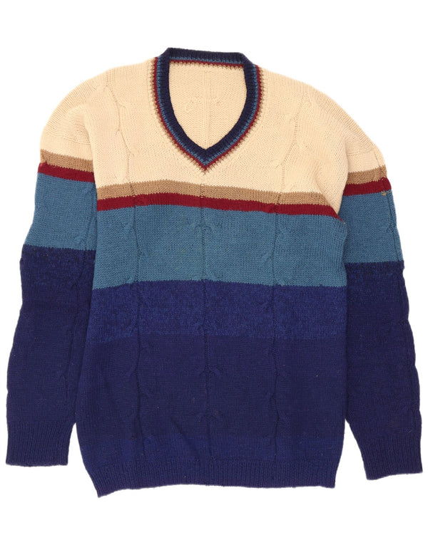 Vintage Mens V-Neck Jumper Sweater Small Multicoloured Striped