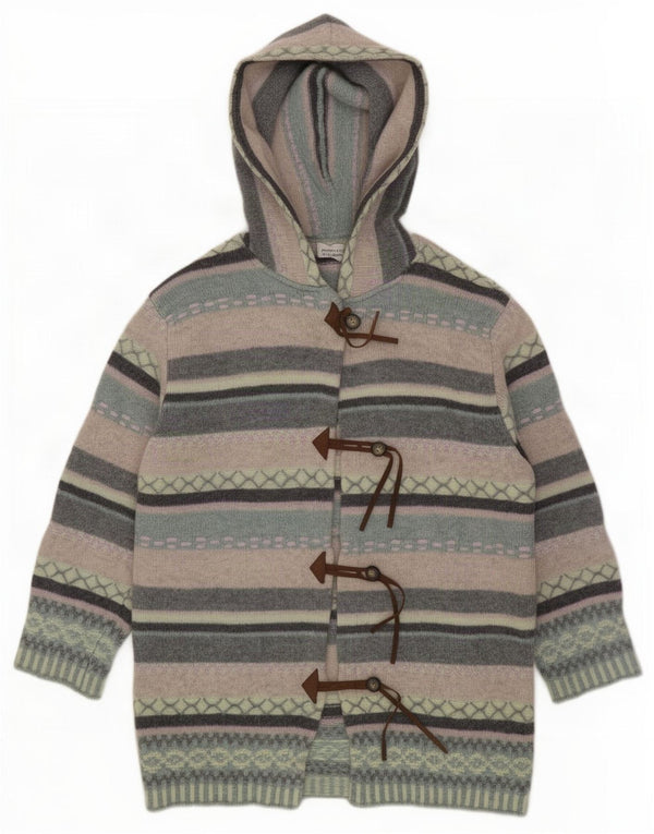 Benetton Womens Longline Hooded Cardigan Sweater UK 16 Large Green Striped