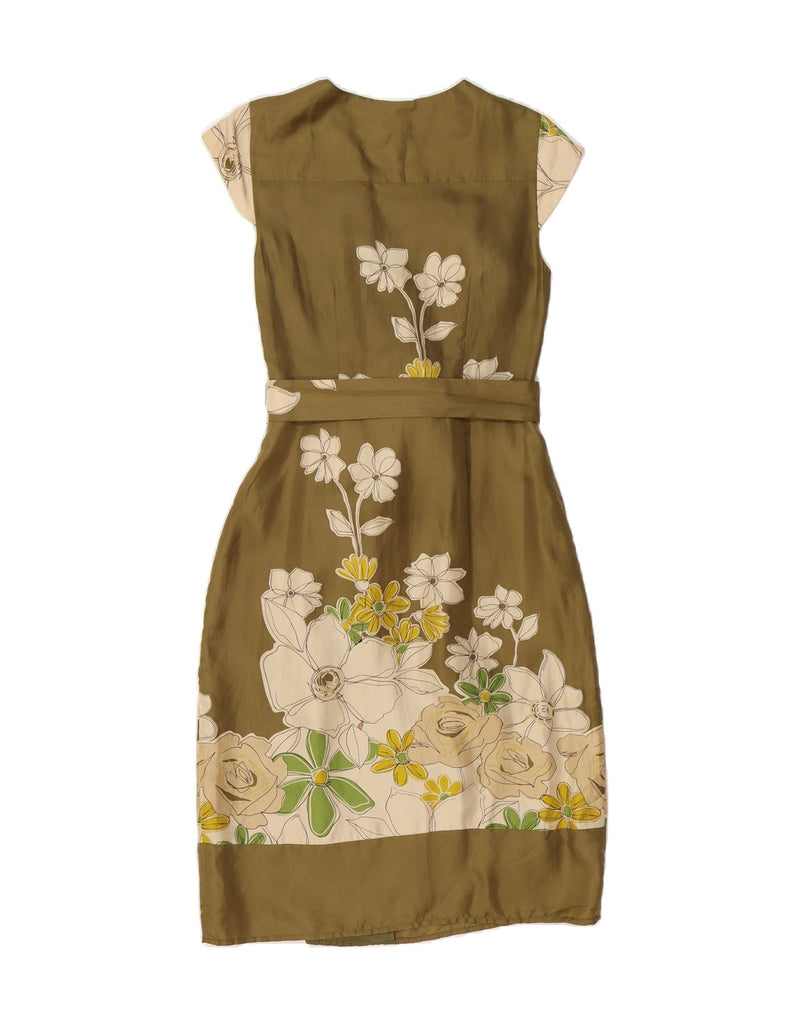 PHASE EIGHT Womens Sleeveless Wrap Dress UK 10 Small Khaki Floral Silk Vintage Phase Eight and Second-Hand Phase Eight from Messina Hembry 