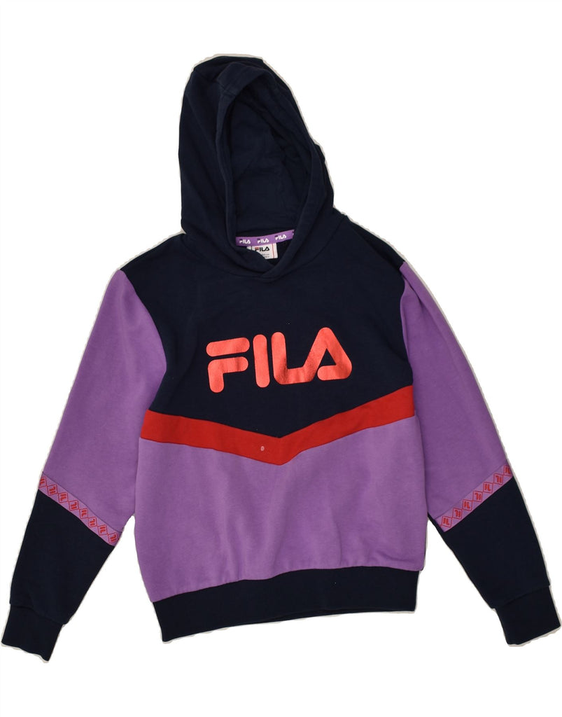 FILA Girls Graphic Hoodie Jumper 11-12 Years Purple Colourblock Cotton | Vintage Fila | Thrift | Second-Hand Fila | Used Clothing | Messina Hembry 