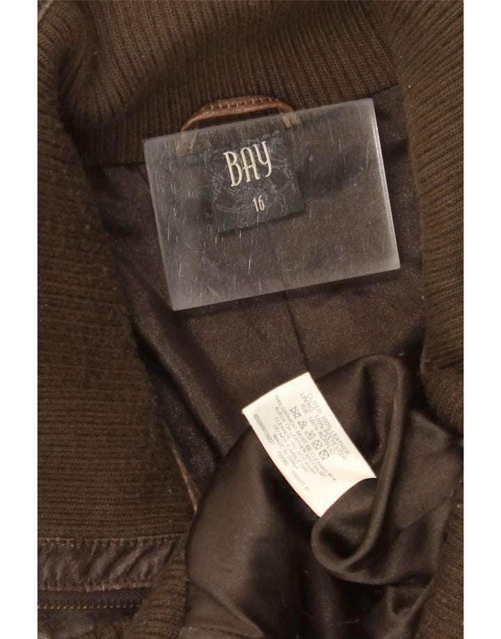 BAY Womens Crop Leather Jacket UK 16 Large Brown Leather