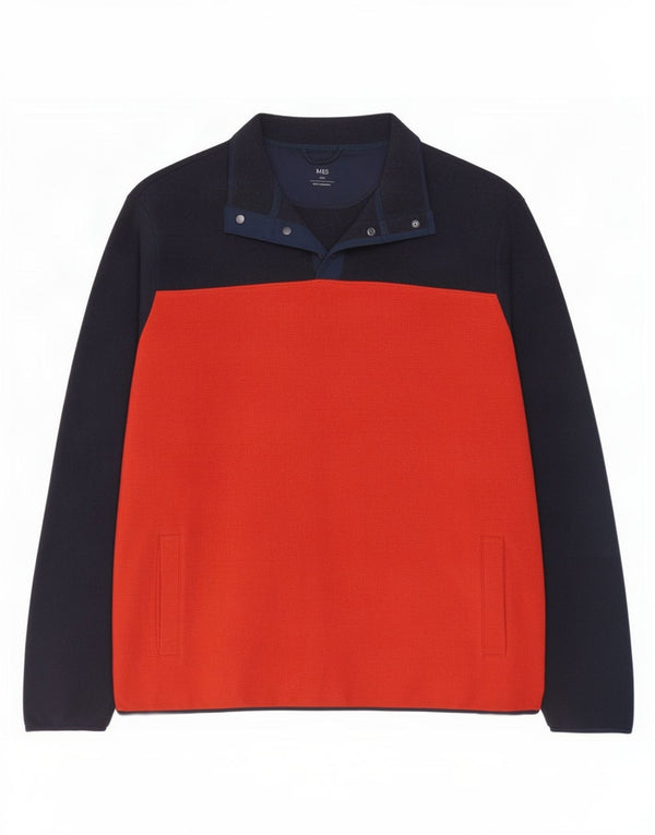 Marks & Spencer Mens Button Neck Fleece Jumper 3XL Navy Blue Colourblock