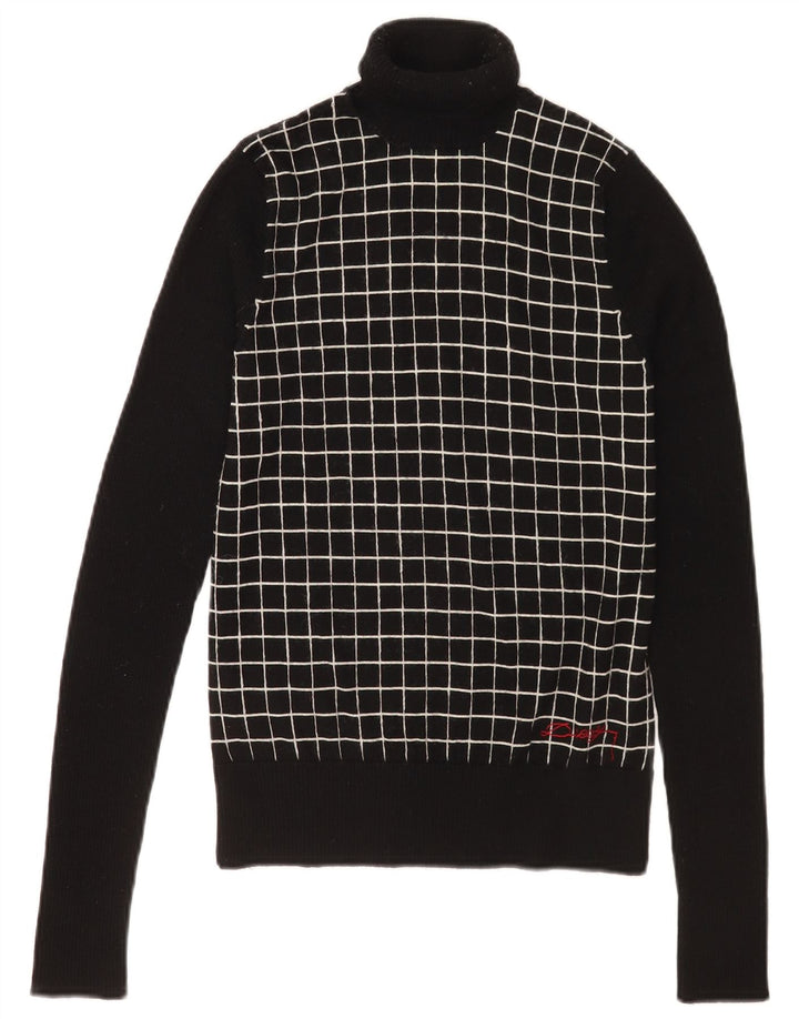 Vintage Womens Roll Neck Jumper Sweater UK 12 Medium Black Check Wool