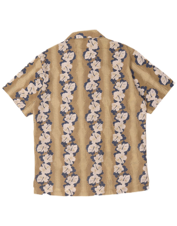Vintage Mens Hawaiian Short Sleeve Shirt Medium Beige Floral Polyester