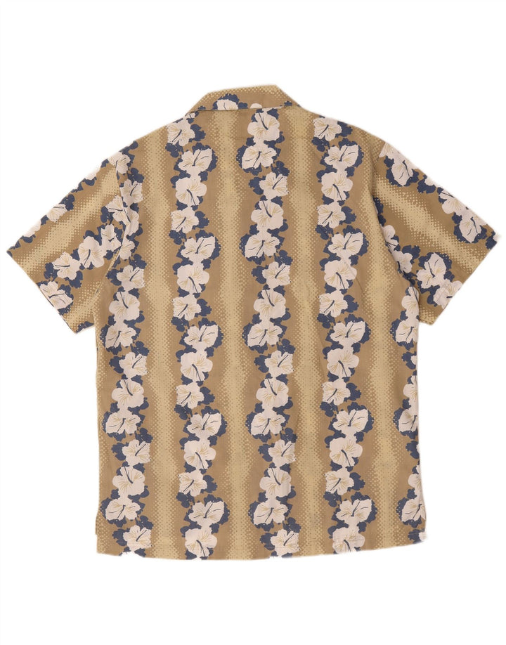 Vintage Mens Hawaiian Short Sleeve Shirt Medium Beige Floral Polyester