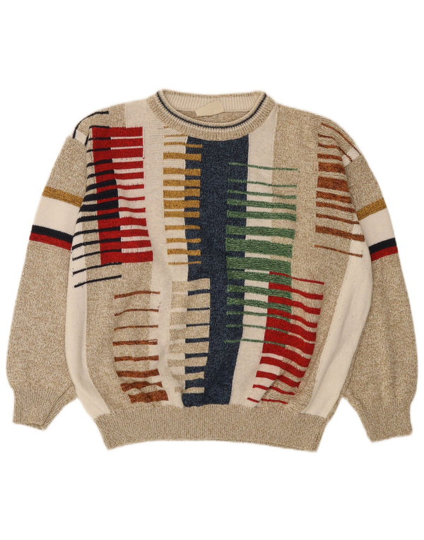 Giramondo Mens Crew Neck Jumper Sweater IT 48 Medium Beige Striped Cotton