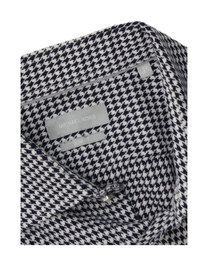 MICHAEL KORS Mens Flannel Shirt Size 42 16 1/2 Large Navy Blue Houndstooth