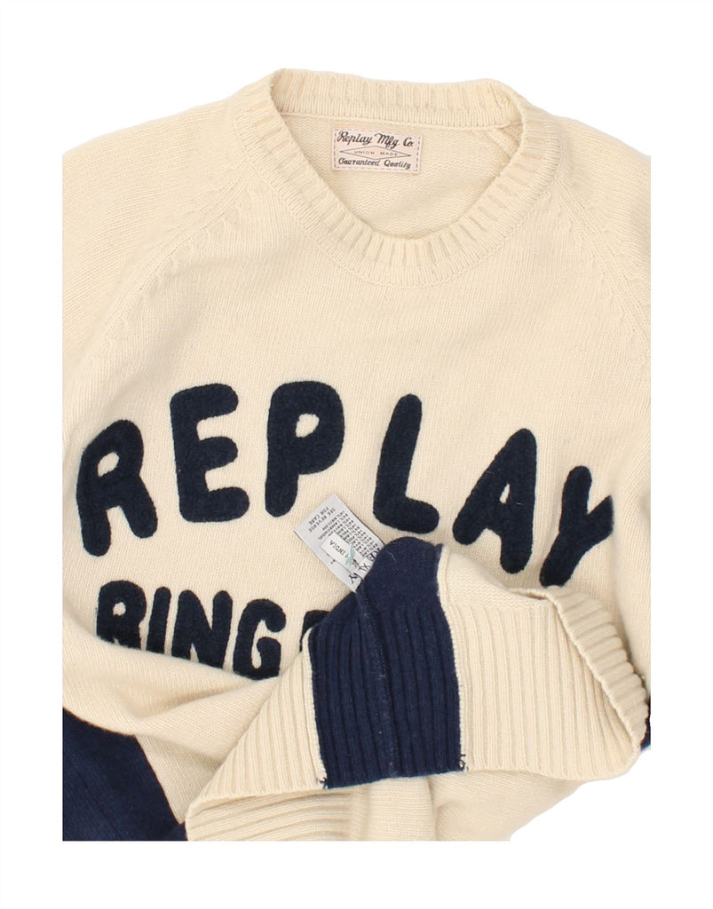 REPLAY Womens Graphic Crew Neck Jumper Sweater UK 18 XL Beige Colourblock | Vintage Replay | Thrift | Second-Hand Replay | Used Clothing | Messina Hembry 