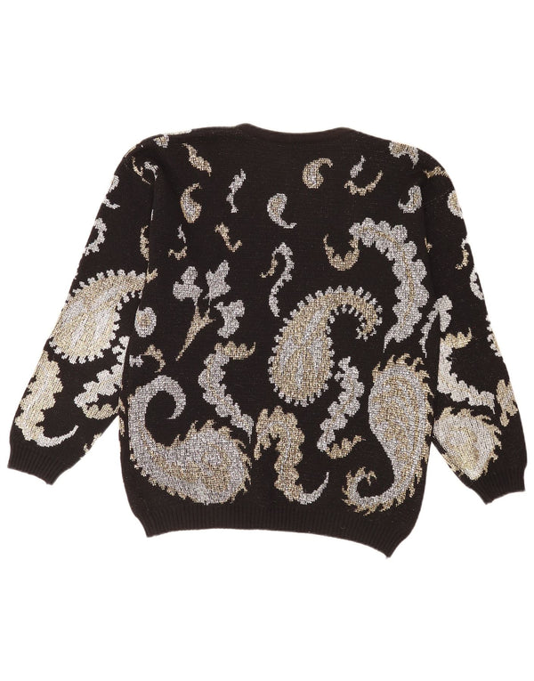 Vintage Womens Boat Neck Jumper Sweater UK 14 Large Black Paisley Retro