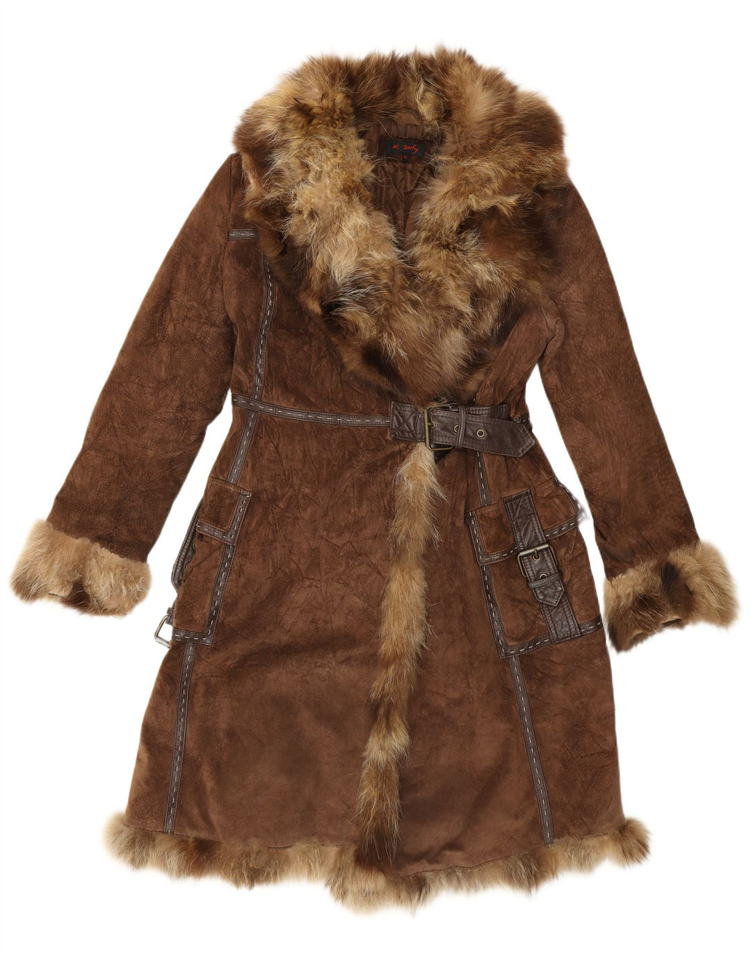 Rene Derhy Womens Suede Fur Overcoat UK 14 Medium Brown Leather