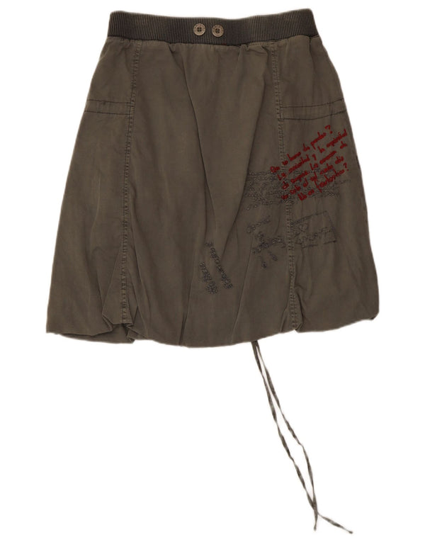 Desigual Womens Graphic Bubble Skirt EU 36 Small W28 Khaki Cotton