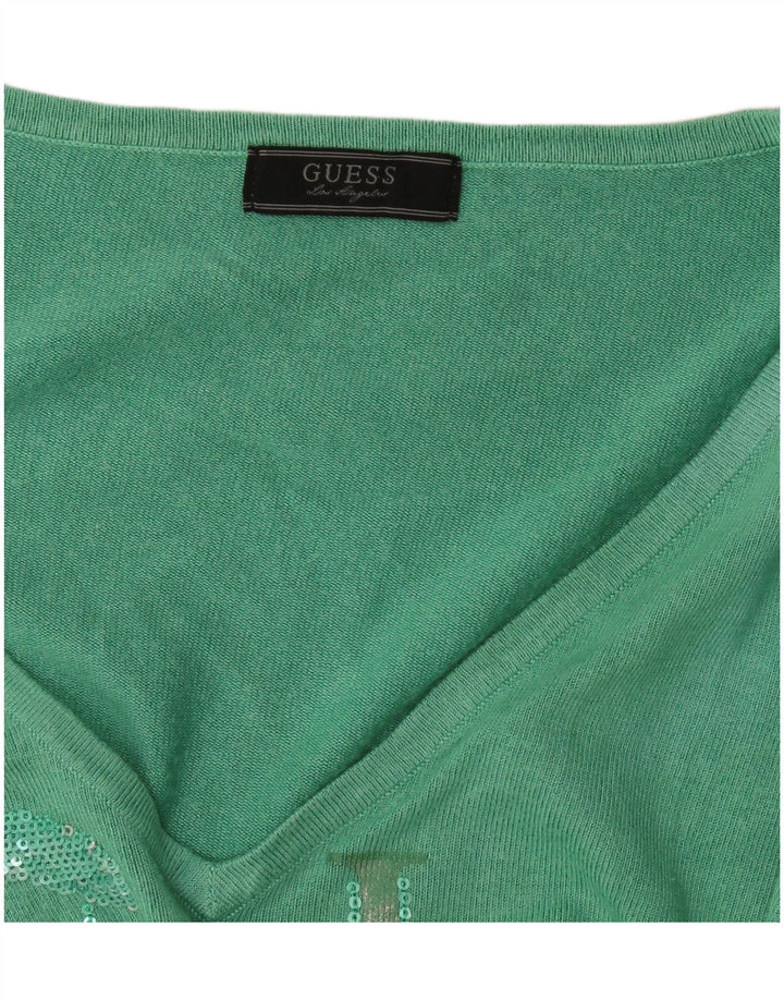 Guess Womens Graphic V-Neck Jumper Sweater UK 12 Medium Green
