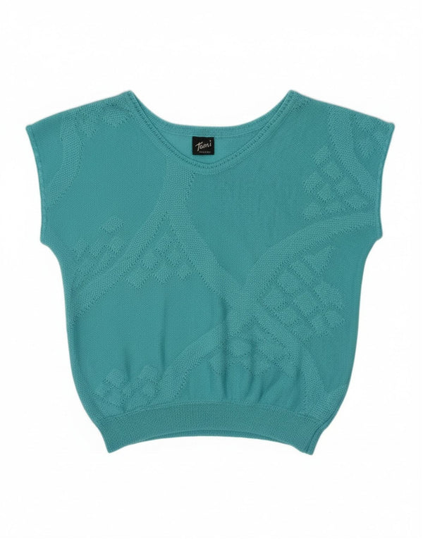 Vintage Womens V-Neck Jumper Sweater UK 14 Large Blue Argyle/Diamond