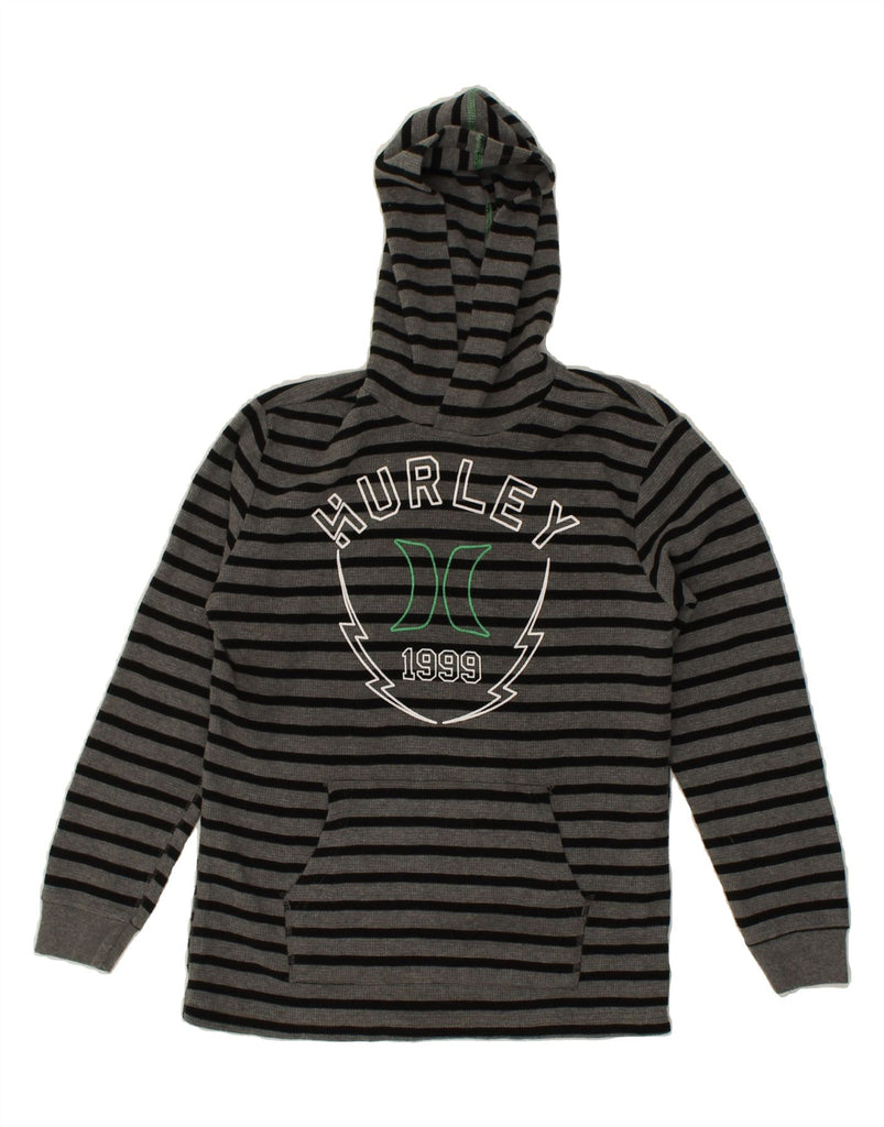 HURLEY Boys Graphic Hoodie Jumper 14-15 Years XL Grey Striped Cotton | Vintage Hurley | Thrift | Second-Hand Hurley | Used Clothing | Messina Hembry 