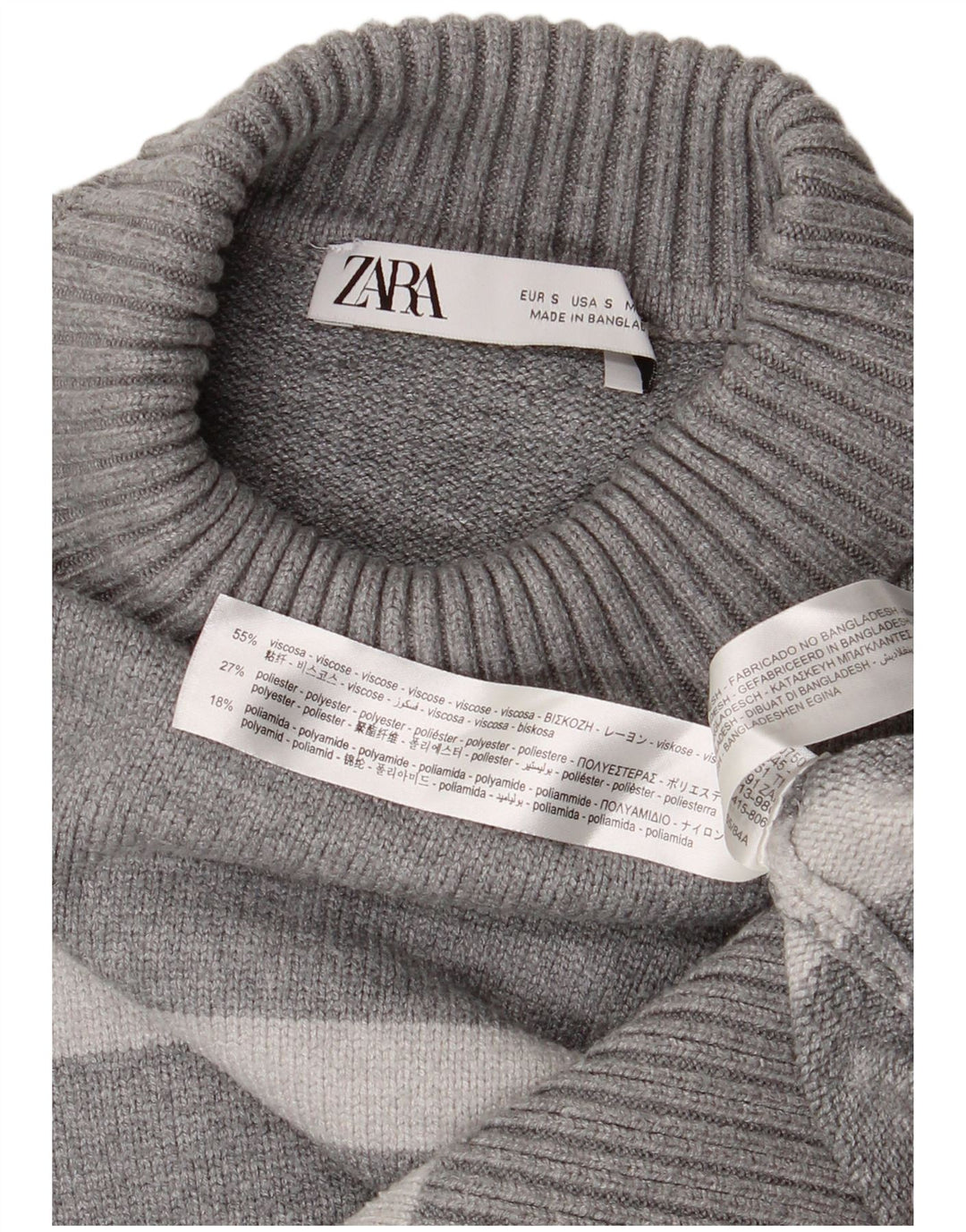 Zara Womens Oversized Turtle Neck Jumper Sweater UK 10 Small Grey Striped