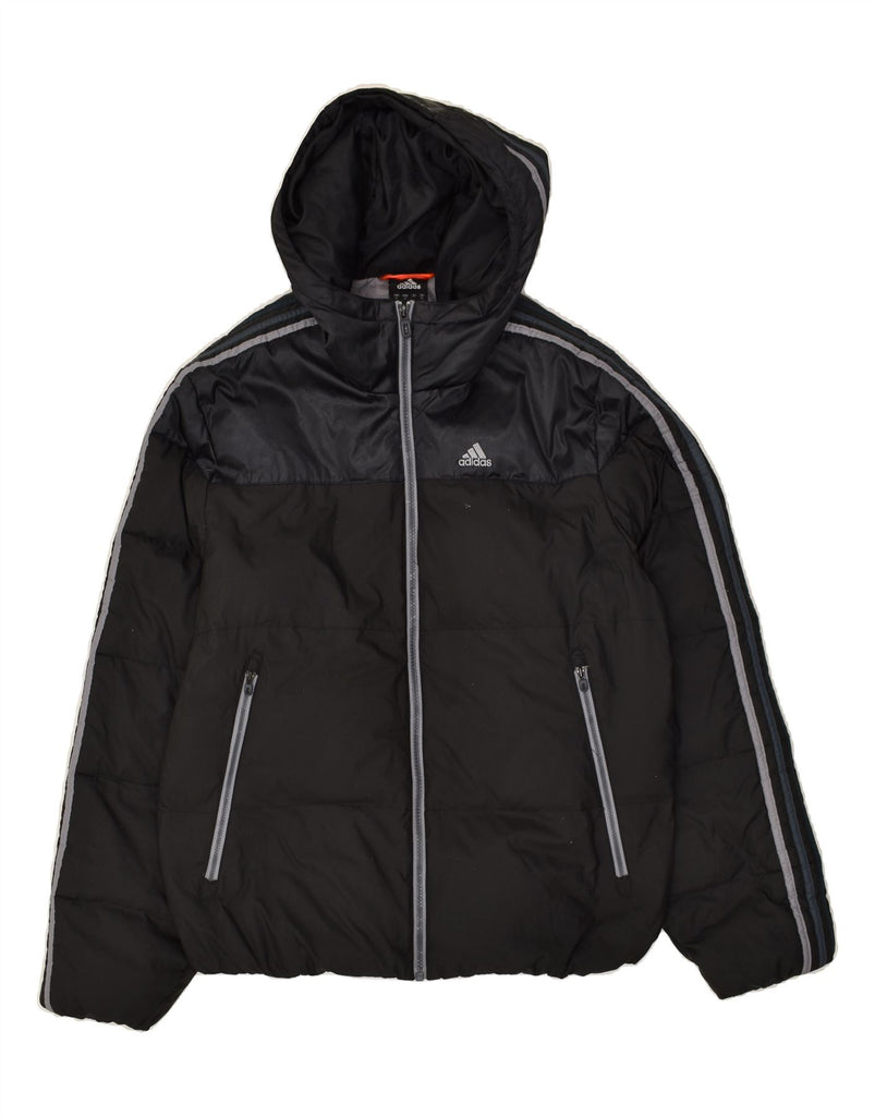 ADIDAS Mens Hooded Padded Jacket UK 38 Medium Black Colourblock Polyester | Vintage Adidas | Thrift | Second-Hand Adidas | Used Clothing | Messina Hembry 