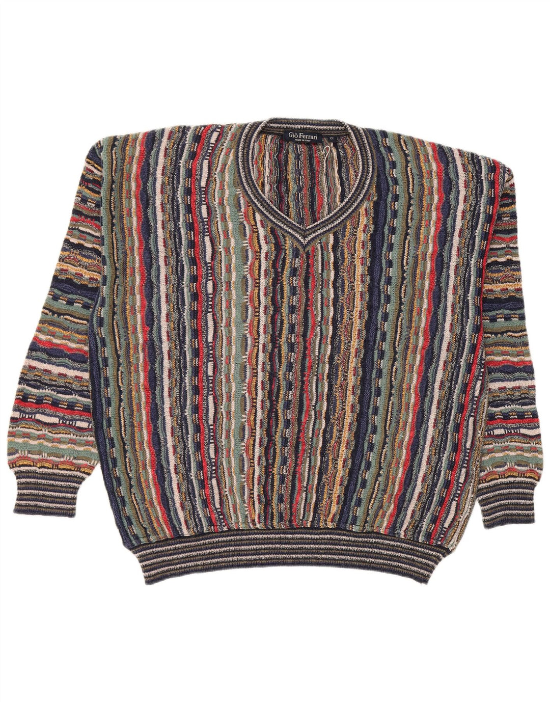 gio ferrari Mens V-Neck Jumper Sweater IT 54 XL Multicoloured Striped