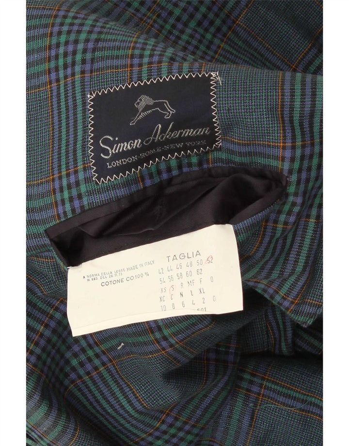 Vintage Mens 2 Button Blazer Jacket IT 52 Large Navy Blue Plaid Cotton