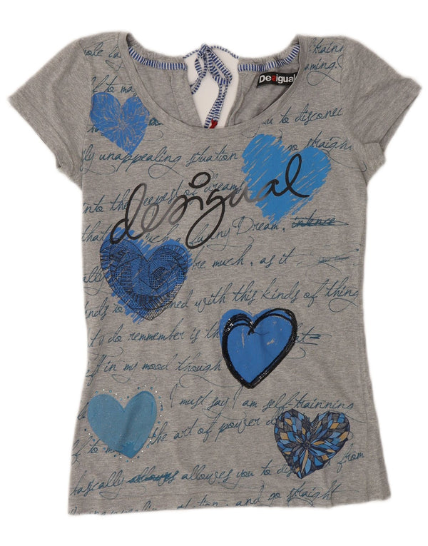 Desigual Womens Graphic T-Shirt Top UK 6 XS Grey Heart