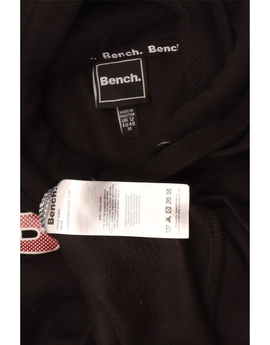 Bench Womens Graphic Hoodie Jumper UK 12 Medium Black Cotton