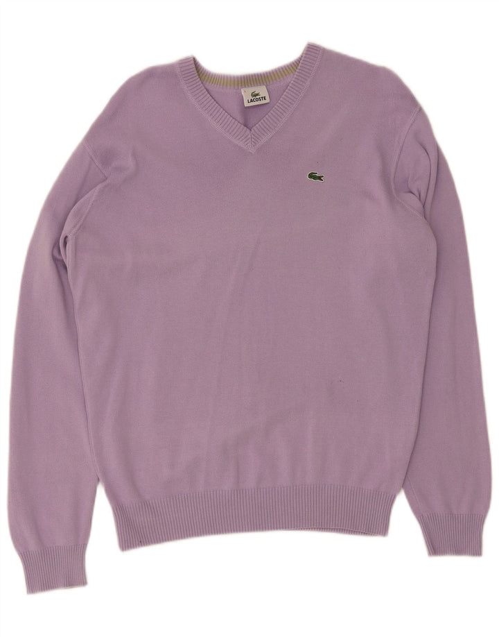 Lacoste Mens V-Neck Jumper Sweater Size 5 Large Purple Cotton