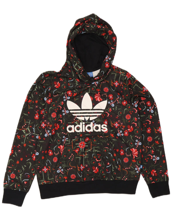 Adidas Womens Graphic Hoodie Jumper UK 16 Large Black Floral Polyester