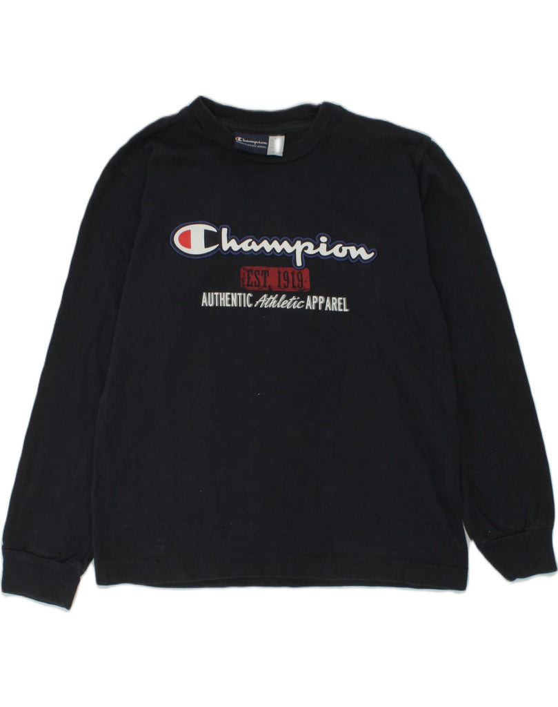 CHAMPION Boys Graphic Sweatshirt Jumper 9-10 Years Medium Navy Blue Cotton | Vintage Champion | Thrift | Second-Hand Champion | Used Clothing | Messina Hembry 