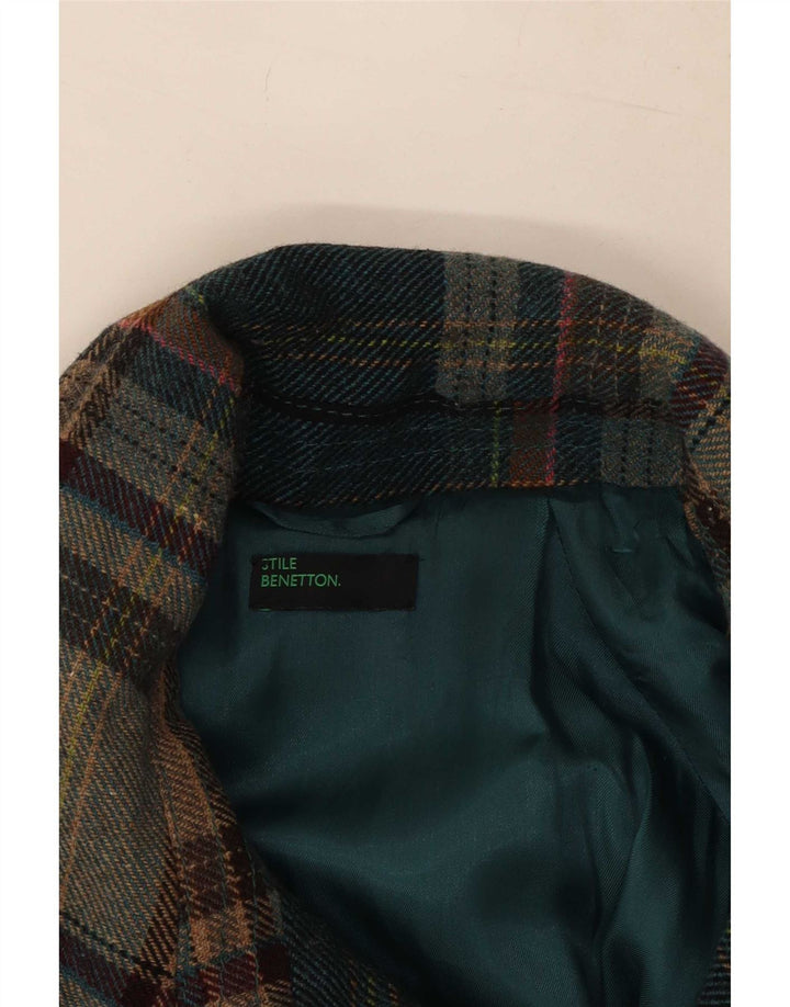 Benetton Womens Military Bomber Jacket IT 46 Large Green Check Wool