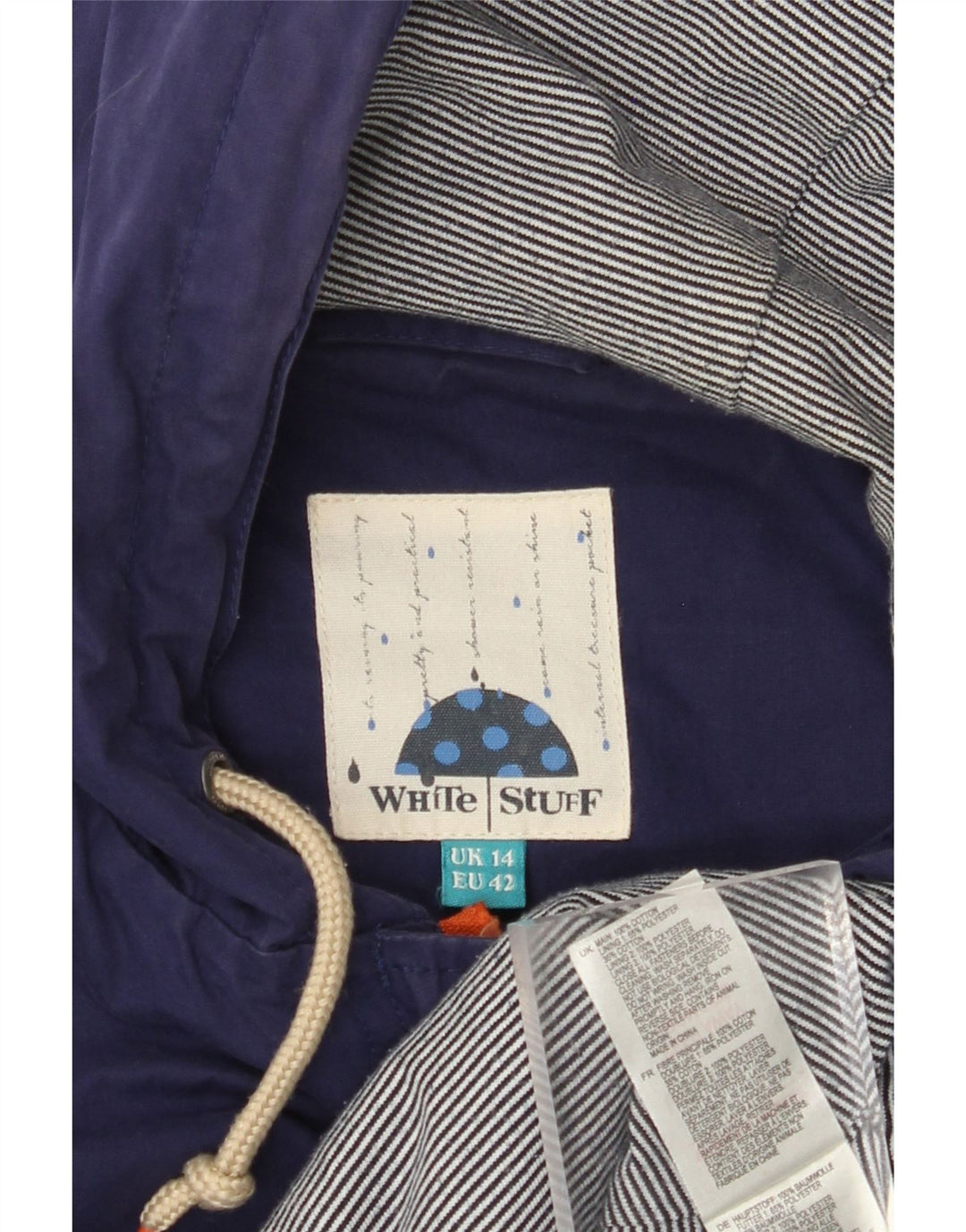 WHITE STUFF Womens Hooded Duffle Jacket UK 14 Large Navy Blue Cotton