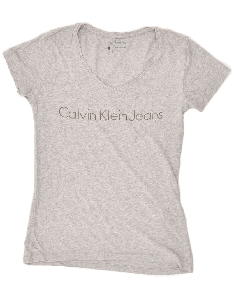 CALVIN KLEIN Womens Graphic T-Shirt Top UK 10 Small Grey Cotton Vintage Calvin Klein and Second-Hand Calvin Klein from Messina Hembry 