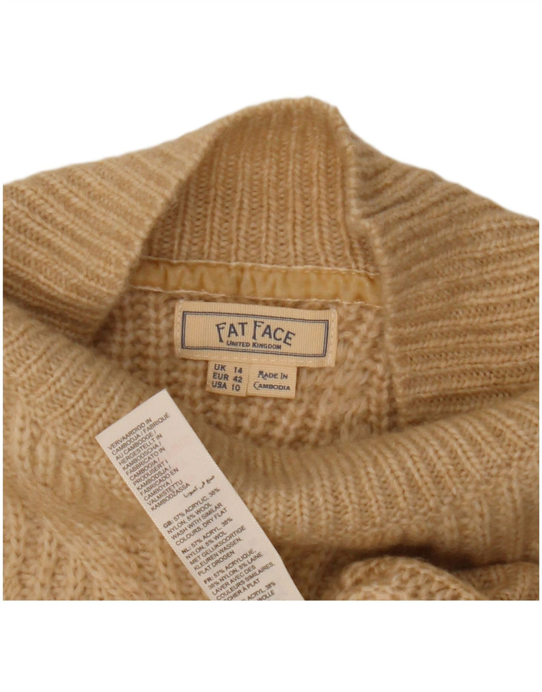 Fat Face Womens Turtle Neck Jumper Sweater UK 14 Large Beige Argyle/Diamond