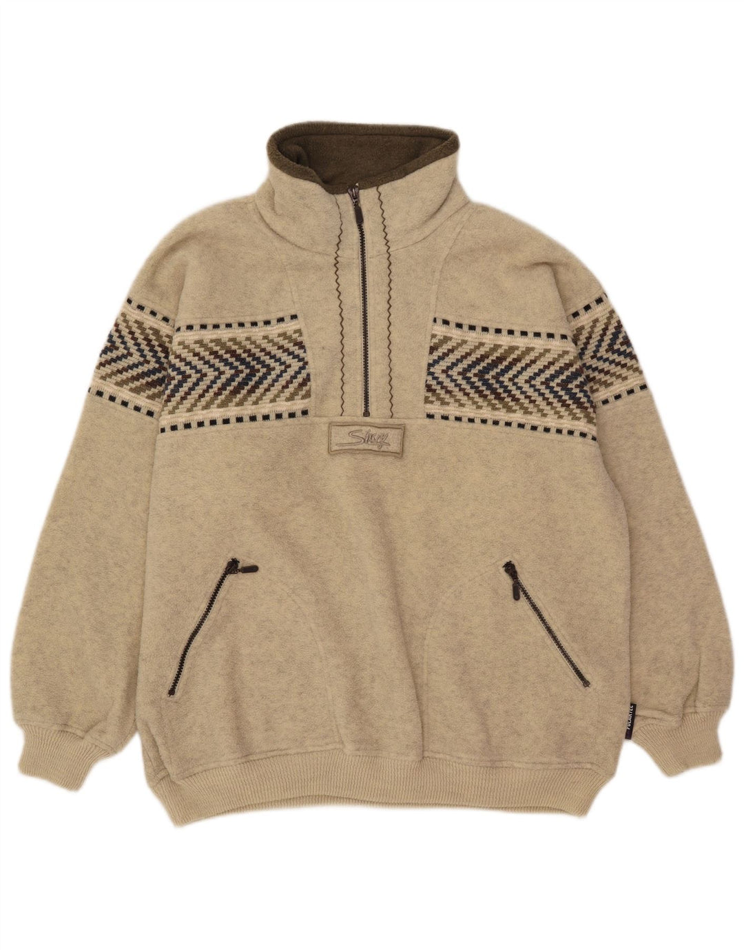 Silvy Mens Zip Neck Fleece Jumper 2XL Beige Geometric Wool