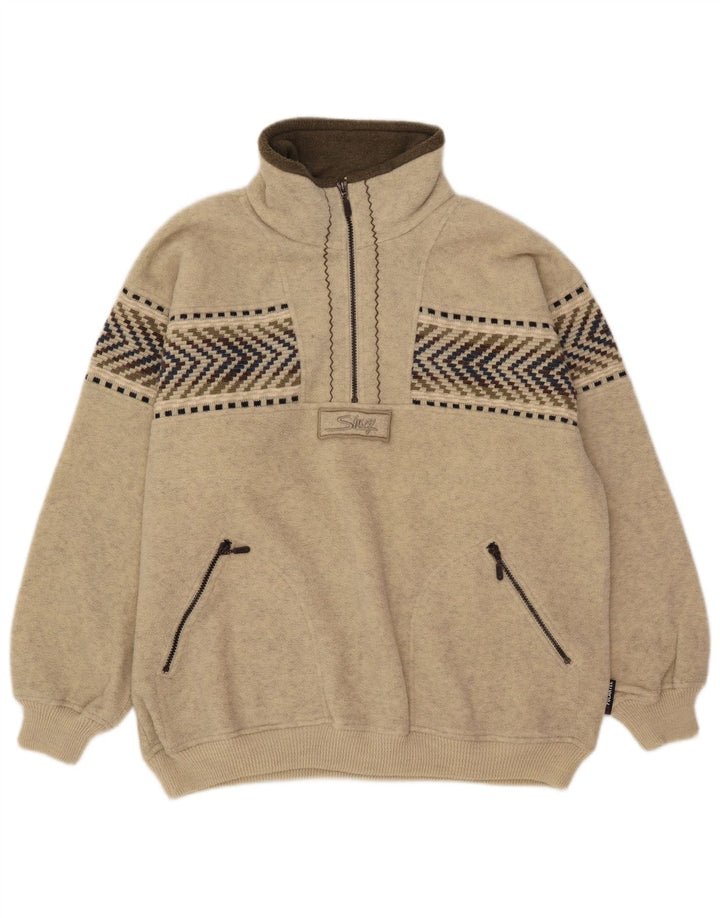 Silvy Mens Zip Neck Fleece Jumper 2XL Beige Geometric Wool