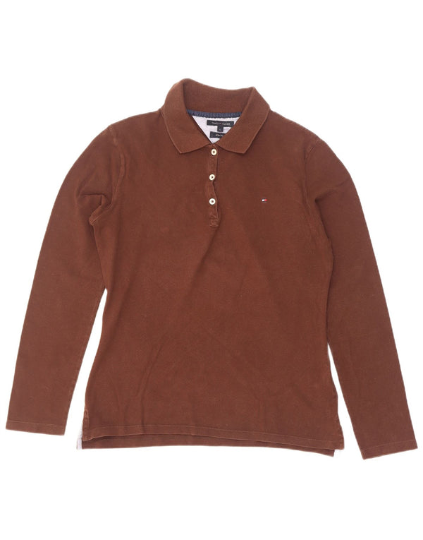 Tommy Hilfiger Womens Long Sleeve Slim Fit Polo Shirt UK 14 Large Brown