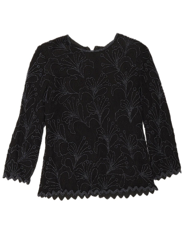 Vintage Womens Long Sleeve Regular Blouse Top UK 8 Small Black Floral Silk