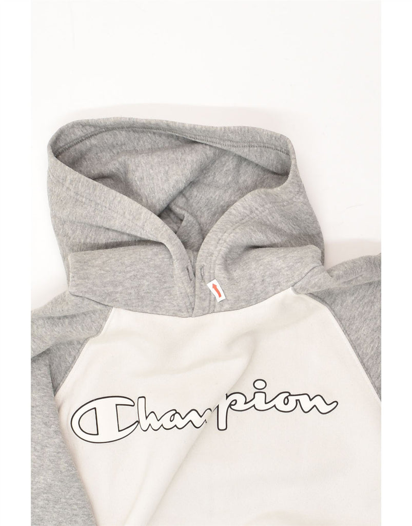 CHAMPION Womens Graphic Hoodie Jumper UK 6 XS Grey Colourblock Cotton | Vintage Champion | Thrift | Second-Hand Champion | Used Clothing | Messina Hembry 