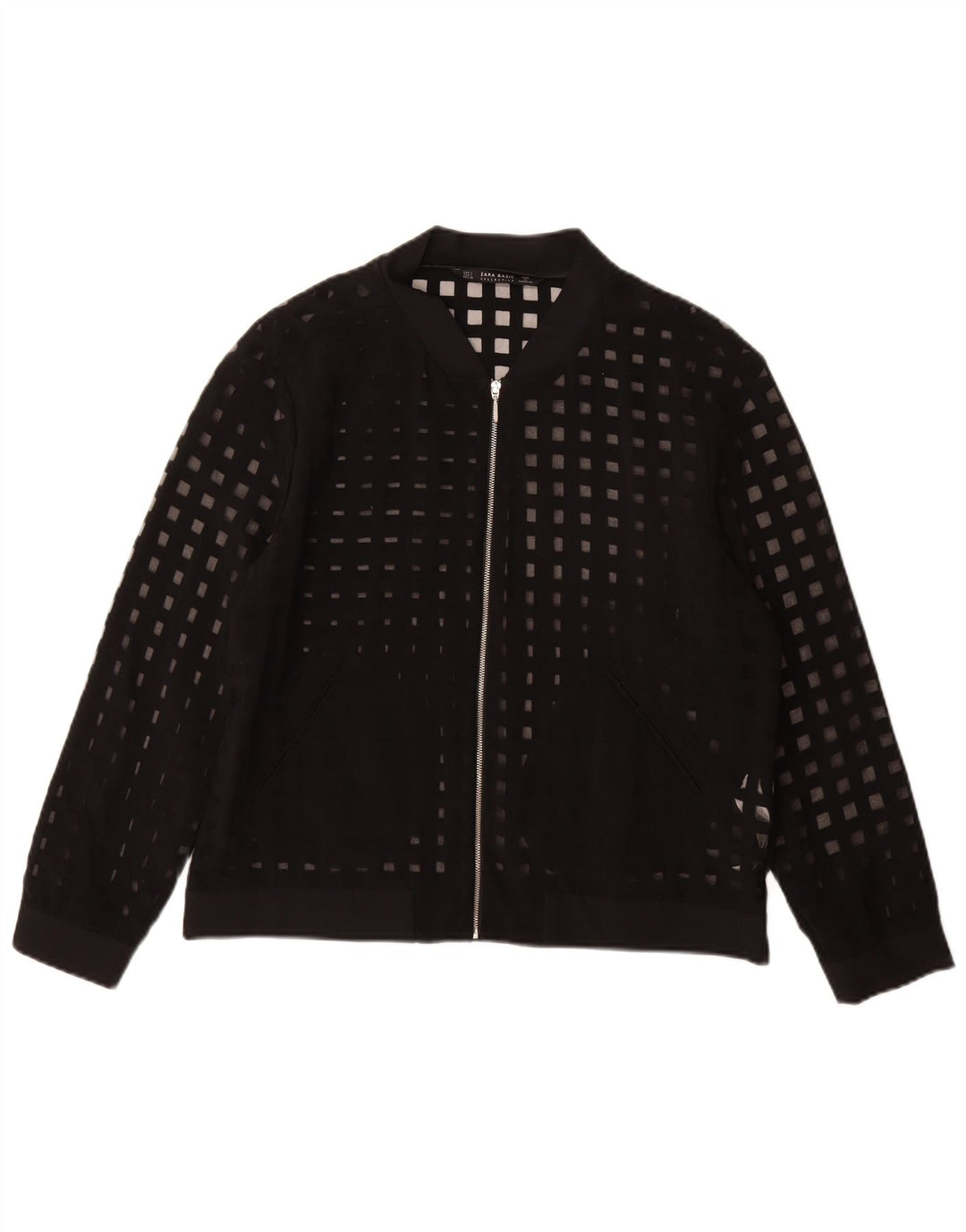 Zara Womens See Through Bomber Jacket UK 16 Large Black Geometric Viscose