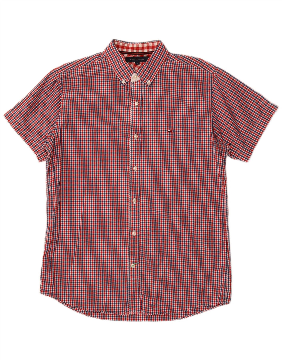 TOMMY HILFIGER Mens Short Sleeve Shirt Large Red Check Cotton