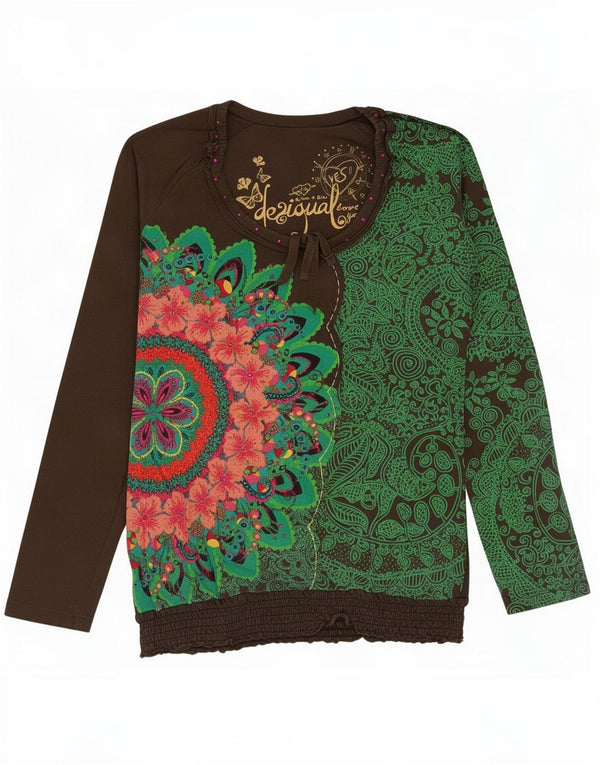 Desigual Womens Graphic Top Long Sleeve UK 14 Large Green Floral Cotton