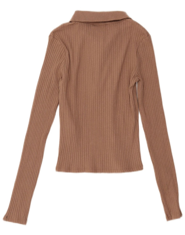 Zara Womens Crop Long Sleeve Polo Shirt UK 8 Small Brown Cotton