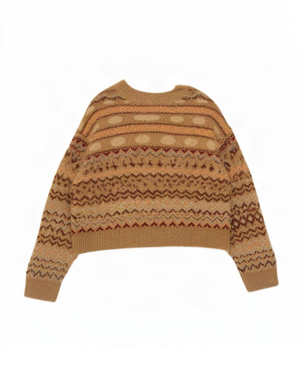 Zara Womens Crop V-Neck Jumper Sweater UK 14 Medium Beige Fair Isle