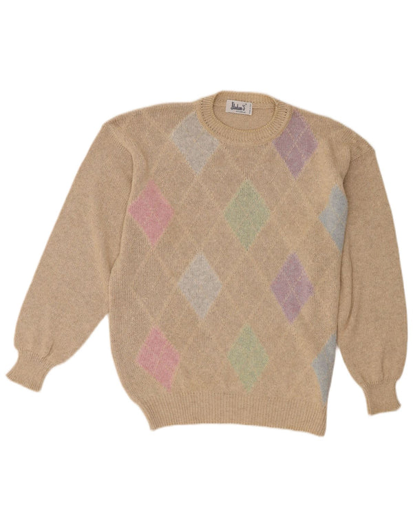 Vintage Mens Crew Neck Jumper Sweater IT 52 Large Beige Argyle/Diamond