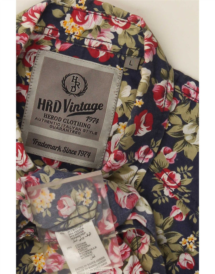 Vintage Mens Short Sleeve Shirt Large Blue Floral Polyester