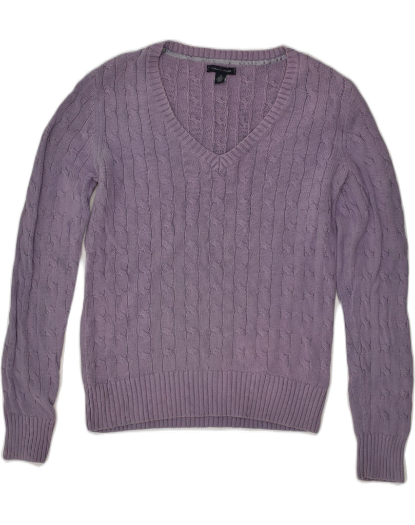 TOMMY HILFIGER Womens V-Neck Jumper Sweater UK 14 Medium Purple Cotton | Vintage Tommy Hilfiger | Thrift | Second-Hand Tommy Hilfiger | Used Clothing | Messina Hembry 