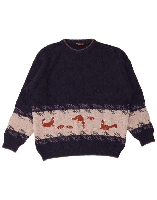 Vintage Mens Graphic Crew Neck Jumper Sweater XL Purple Colourblock Wool